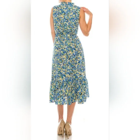 London Times Blue and Yellow Ruffled Midi Dress - Picture 2 of 8